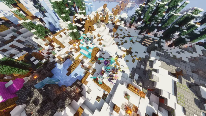 Der verschneite Arctic Spawn von oben, voller Spieler
